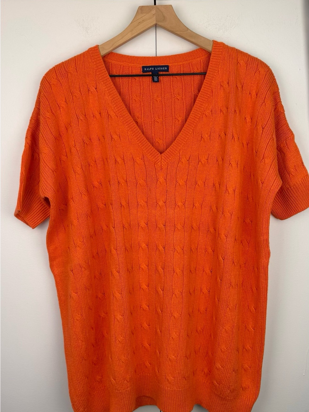 Vintage Ralph Lauren Orange Tussah Silk Cable Knit V Neck Sweater L